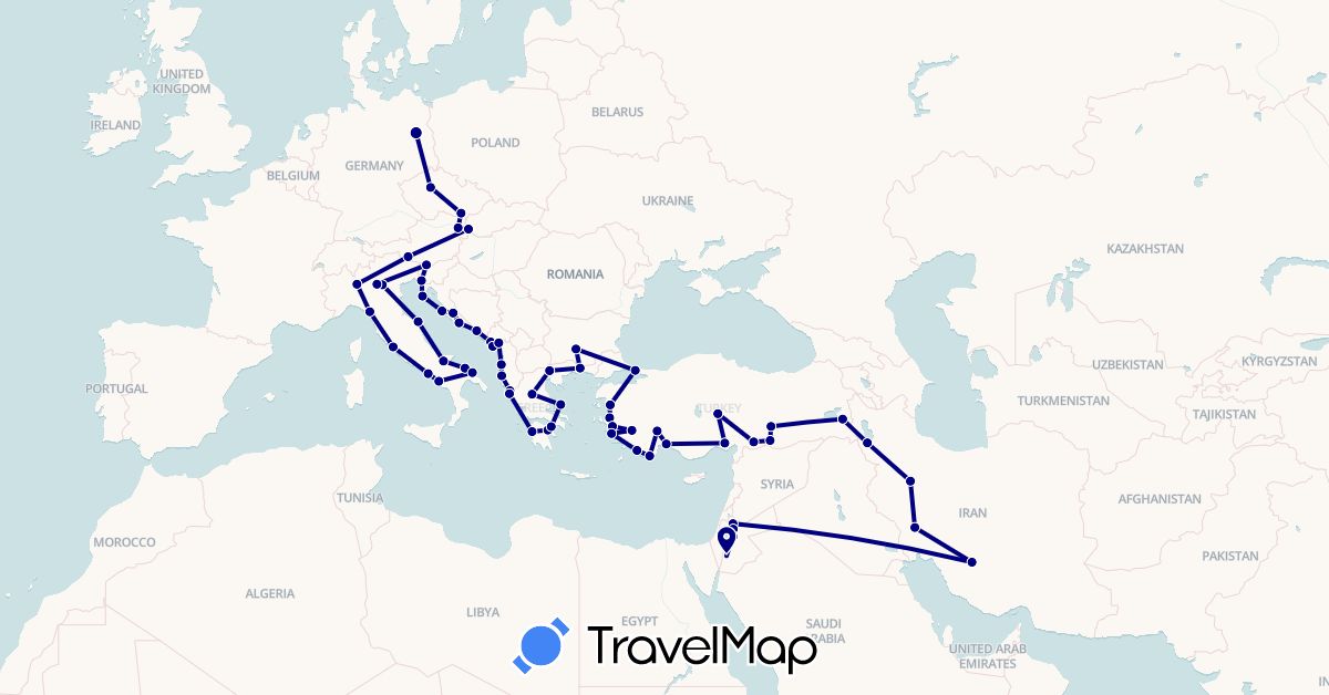 TravelMap itinerary: driving in Albania, Austria, Bosnia and Herzegovina, Bulgaria, Czech Republic, Germany, Greece, Croatia, Iran, Italy, Jordan, Montenegro, Slovenia, Slovakia, Turkey (Asia, Europe)